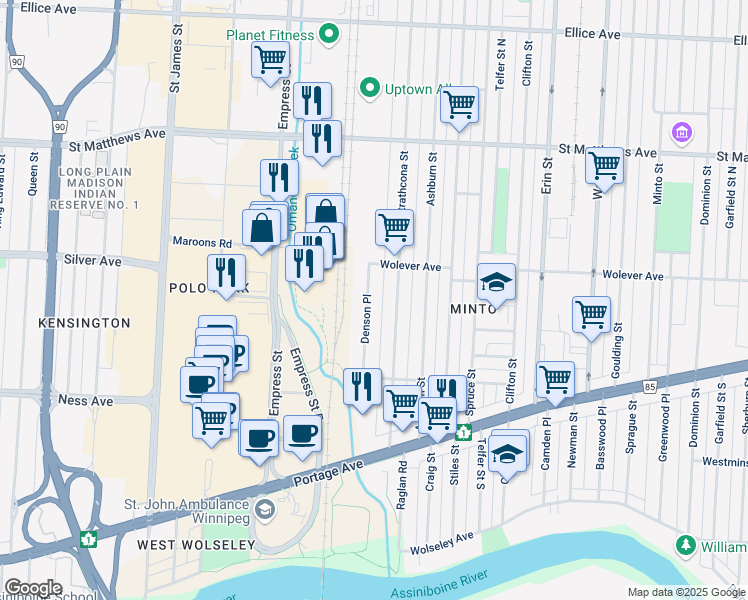 map of restaurants, bars, coffee shops, grocery stores, and more near 705 Denson Place in Winnipeg