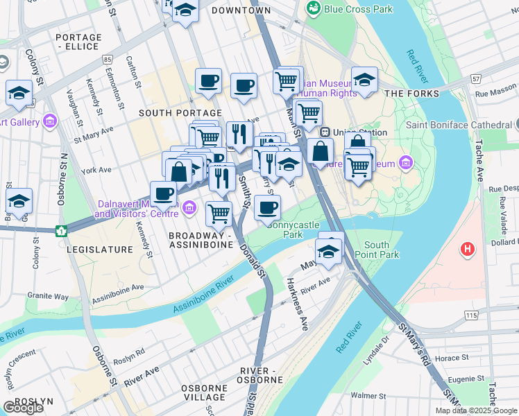 map of restaurants, bars, coffee shops, grocery stores, and more near 1 Navy Way in Winnipeg