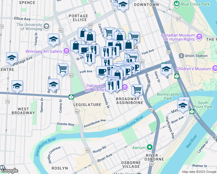 map of restaurants, bars, coffee shops, grocery stores, and more near 387 Broadway in Winnipeg