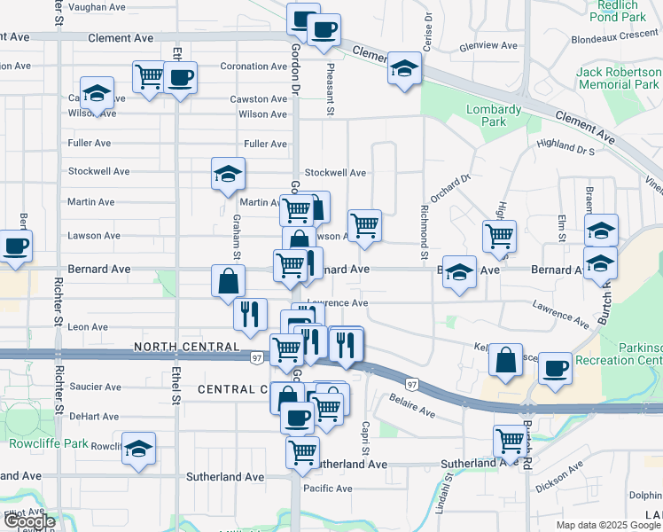 map of restaurants, bars, coffee shops, grocery stores, and more near 1161 Lawson Avenue in Kelowna