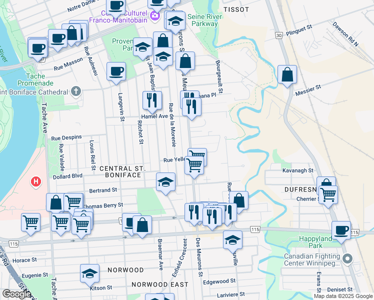 map of restaurants, bars, coffee shops, grocery stores, and more near 439 Des Meurons Street in Winnipeg