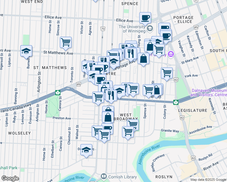 map of restaurants, bars, coffee shops, grocery stores, and more near 274 Furby Street in Winnipeg