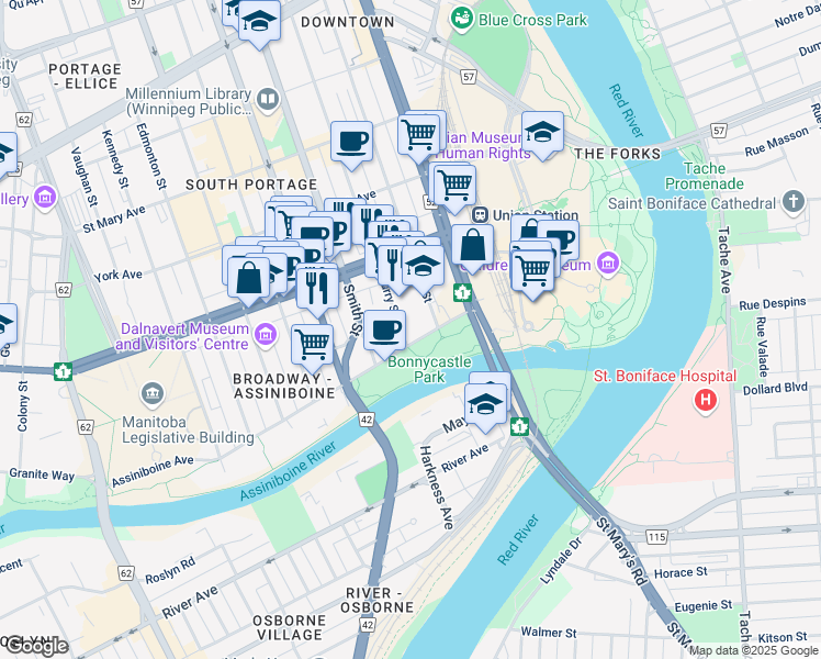 map of restaurants, bars, coffee shops, grocery stores, and more near in Winnipeg