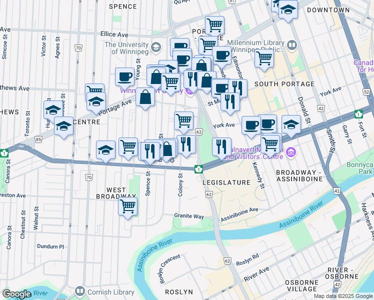map of restaurants, bars, coffee shops, grocery stores, and more near 200-226 Osborne Street North in Winnipeg