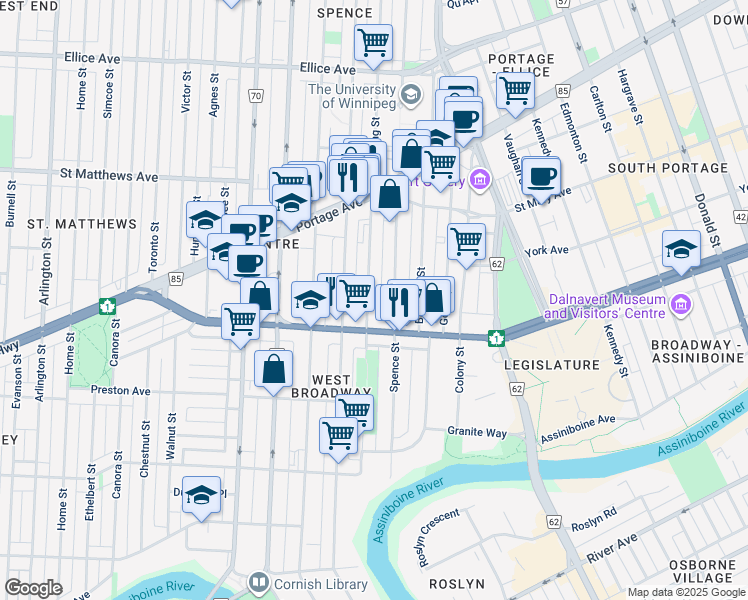 map of restaurants, bars, coffee shops, grocery stores, and more near 241 Young Street in Winnipeg