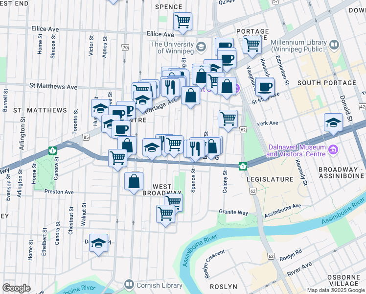 map of restaurants, bars, coffee shops, grocery stores, and more near 241 Young Street in Winnipeg