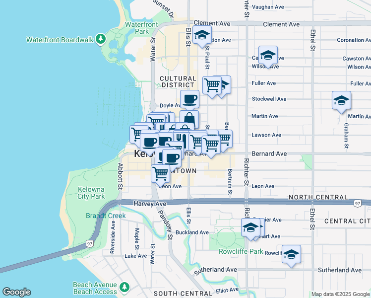 map of restaurants, bars, coffee shops, grocery stores, and more near in Kelowna