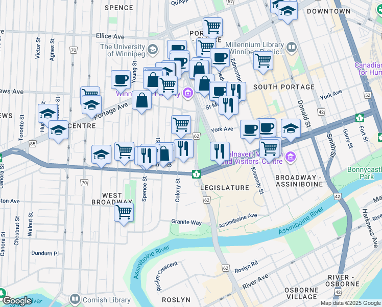 map of restaurants, bars, coffee shops, grocery stores, and more near 200-226 Osborne Street North in Winnipeg