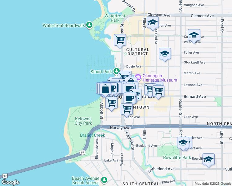 map of restaurants, bars, coffee shops, grocery stores, and more near 272 Bernard Avenue in Kelowna
