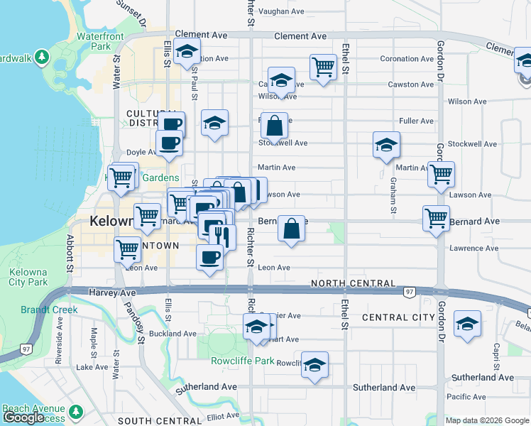 map of restaurants, bars, coffee shops, grocery stores, and more near 747 Lawson Avenue in Kelowna