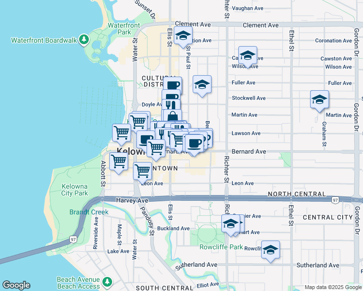 map of restaurants, bars, coffee shops, grocery stores, and more near 200-1475 Ellis Street in Kelowna
