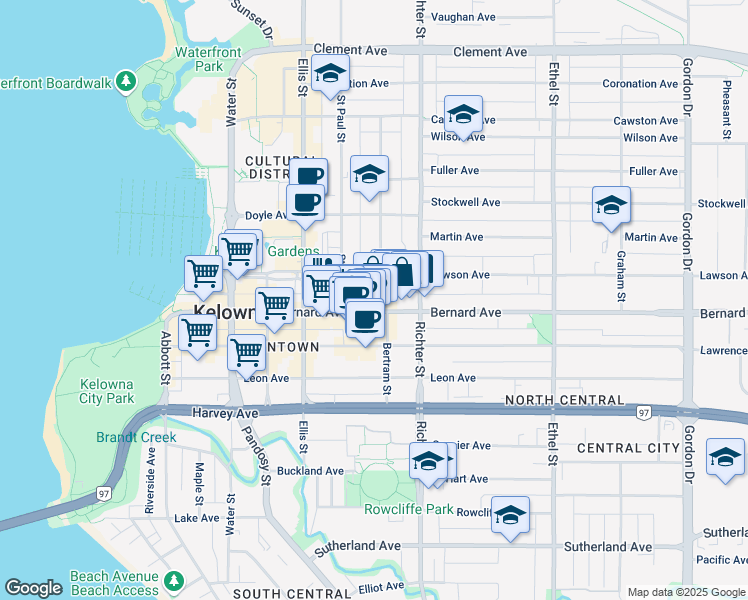 map of restaurants, bars, coffee shops, grocery stores, and more near 1475 Bertram Street in Kelowna