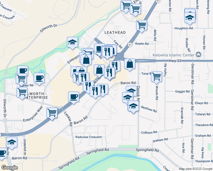 map of restaurants, bars, coffee shops, grocery stores, and more near 145-2463 Highway 97 North in Kelowna