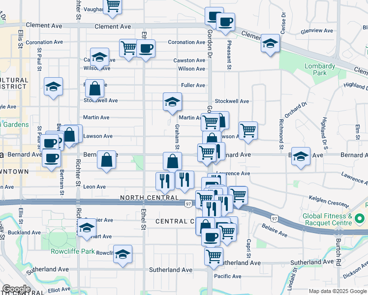 map of restaurants, bars, coffee shops, grocery stores, and more near 1479 Graham Street in Kelowna