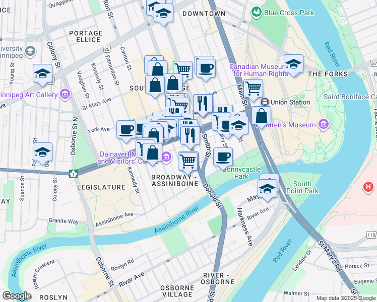 map of restaurants, bars, coffee shops, grocery stores, and more near in Winnipeg