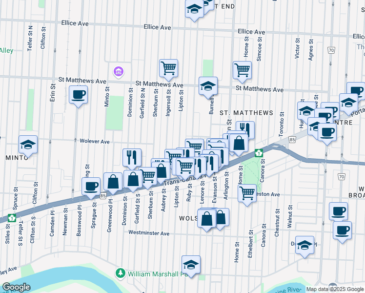 map of restaurants, bars, coffee shops, grocery stores, and more near 400 Banning Street in Winnipeg