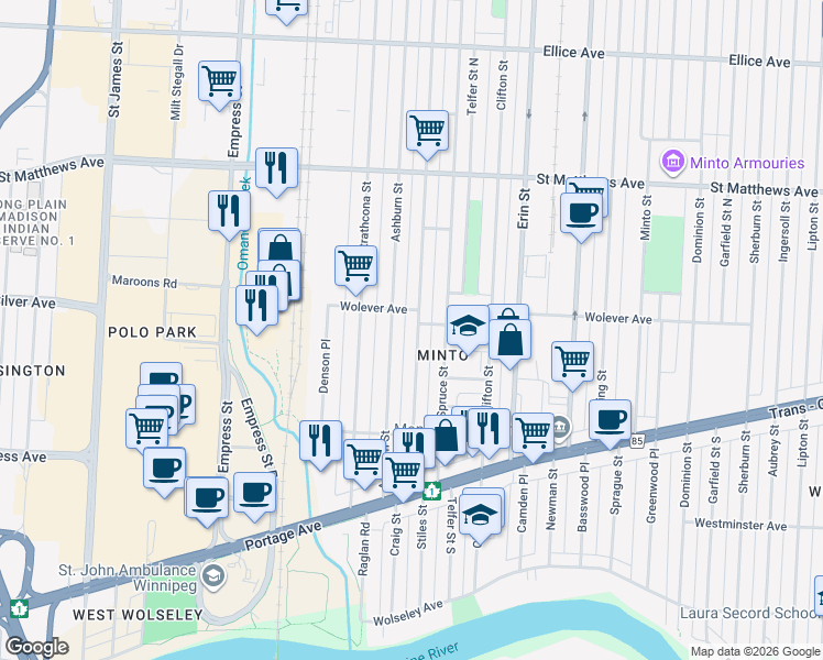 map of restaurants, bars, coffee shops, grocery stores, and more near 727 Ashburn Street in Winnipeg