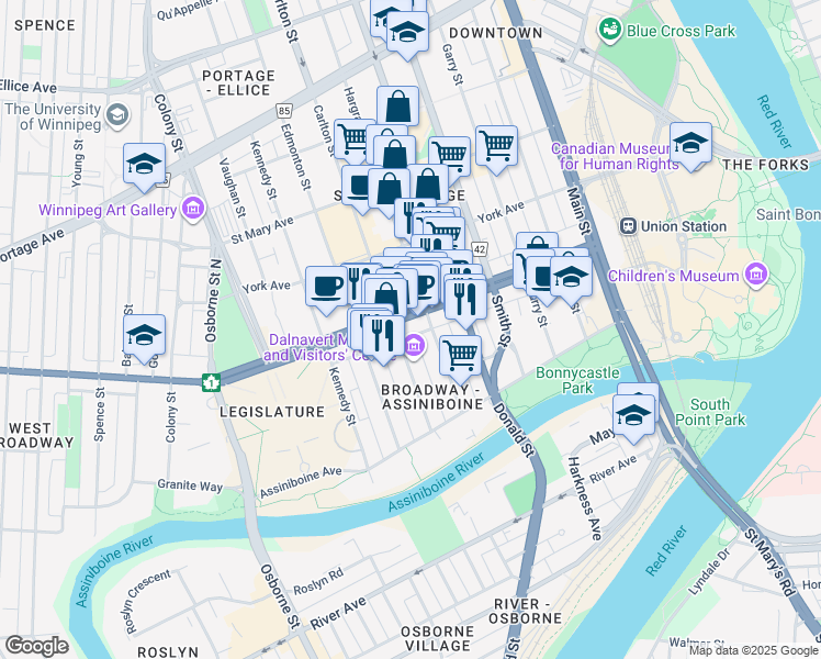 map of restaurants, bars, coffee shops, grocery stores, and more near 346 Broadway in Winnipeg