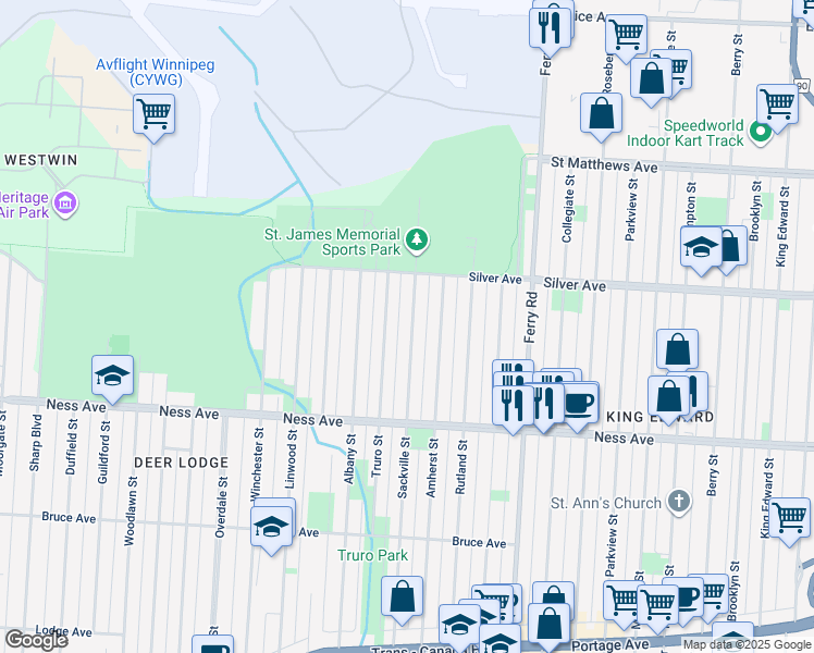 map of restaurants, bars, coffee shops, grocery stores, and more near 386 Sackville Street in Winnipeg