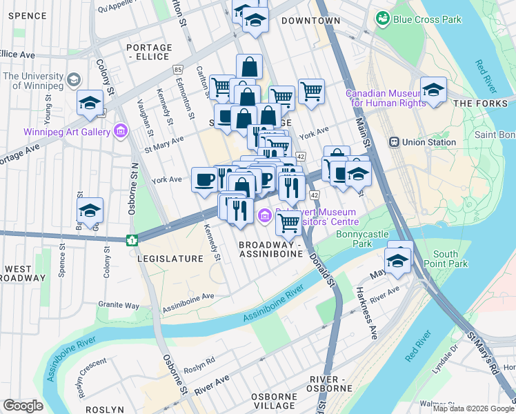 map of restaurants, bars, coffee shops, grocery stores, and more near 336 Broadway in Winnipeg