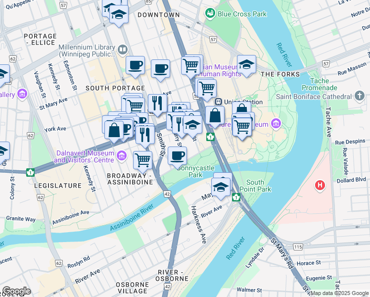 map of restaurants, bars, coffee shops, grocery stores, and more near 65 Garry Street in Winnipeg
