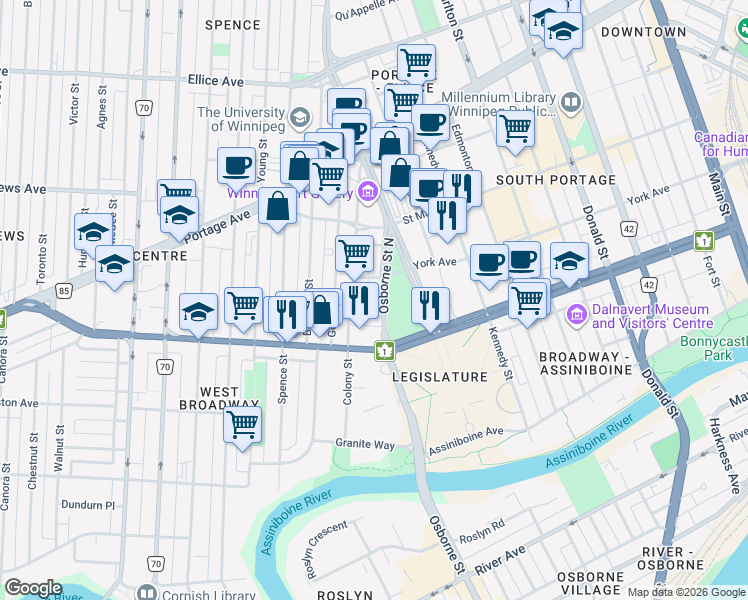 map of restaurants, bars, coffee shops, grocery stores, and more near 226 Osborne Street North in Winnipeg