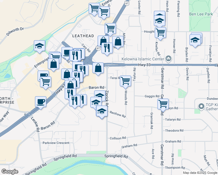 map of restaurants, bars, coffee shops, grocery stores, and more near 255 Ziprick Road in Kelowna