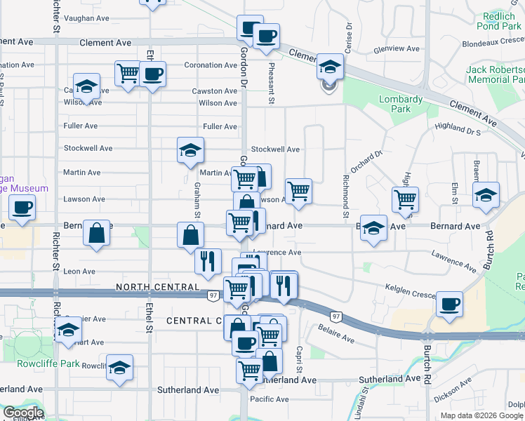 map of restaurants, bars, coffee shops, grocery stores, and more near 1160 Bernard Avenue in Kelowna