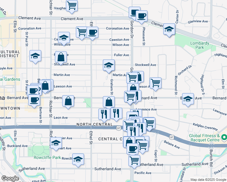 map of restaurants, bars, coffee shops, grocery stores, and more near 1479 Graham Street in Kelowna