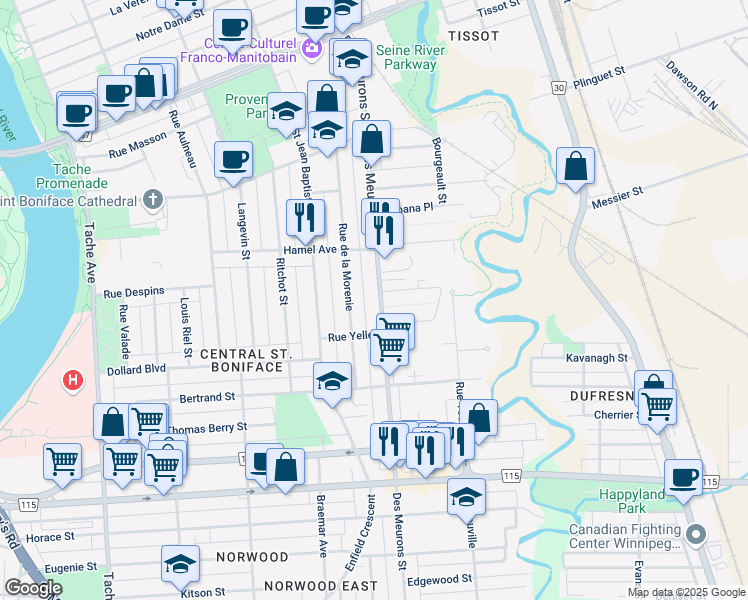 map of restaurants, bars, coffee shops, grocery stores, and more near 453 Des Meurons Street in Winnipeg