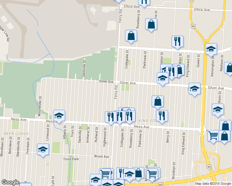 map of restaurants, bars, coffee shops, grocery stores, and more near 417 Ferry Road in Winnipeg