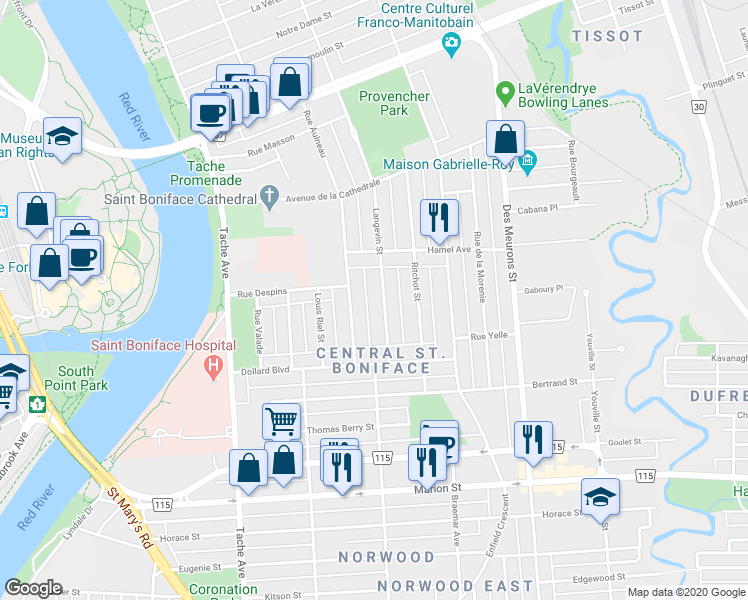 map of restaurants, bars, coffee shops, grocery stores, and more near 459 Langevin Street in Winnipeg