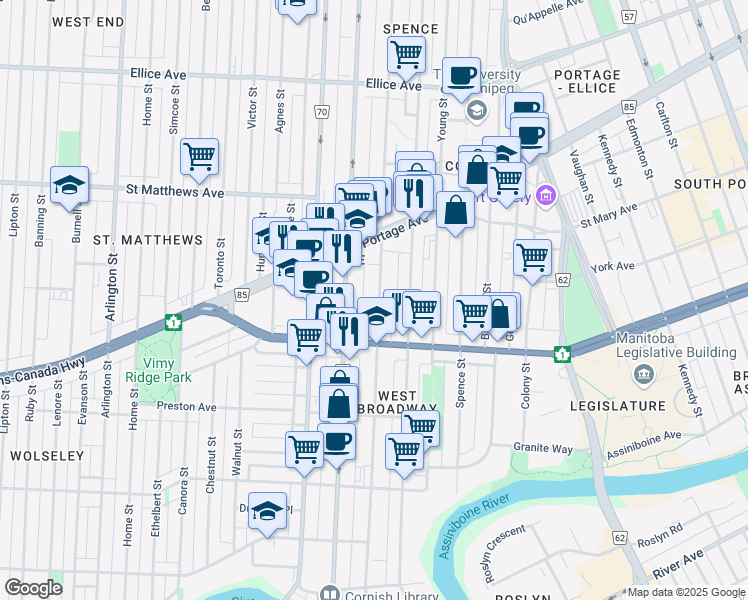 map of restaurants, bars, coffee shops, grocery stores, and more near 274 Furby Street in Winnipeg