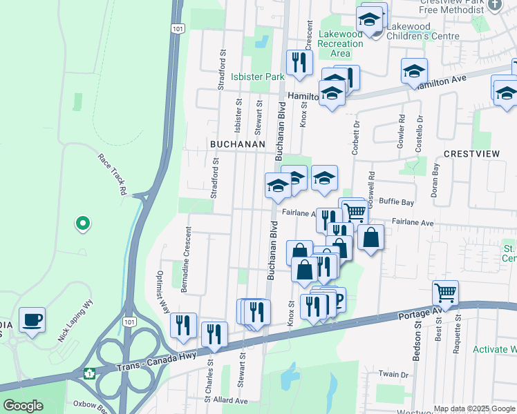 map of restaurants, bars, coffee shops, grocery stores, and more near 761 Stewart Street in Winnipeg
