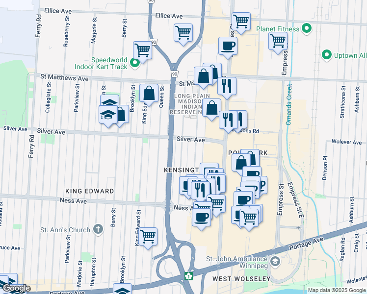 map of restaurants, bars, coffee shops, grocery stores, and more near 401 Kensington Street in Winnipeg