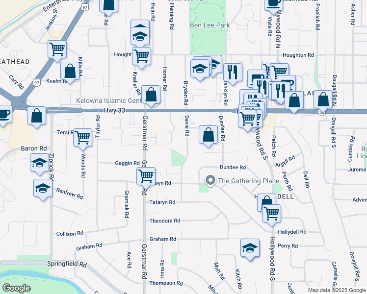 map of restaurants, bars, coffee shops, grocery stores, and more near 260 Davie Road in Kelowna