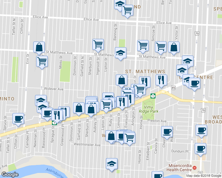 map of restaurants, bars, coffee shops, grocery stores, and more near 400 Banning Street in Winnipeg