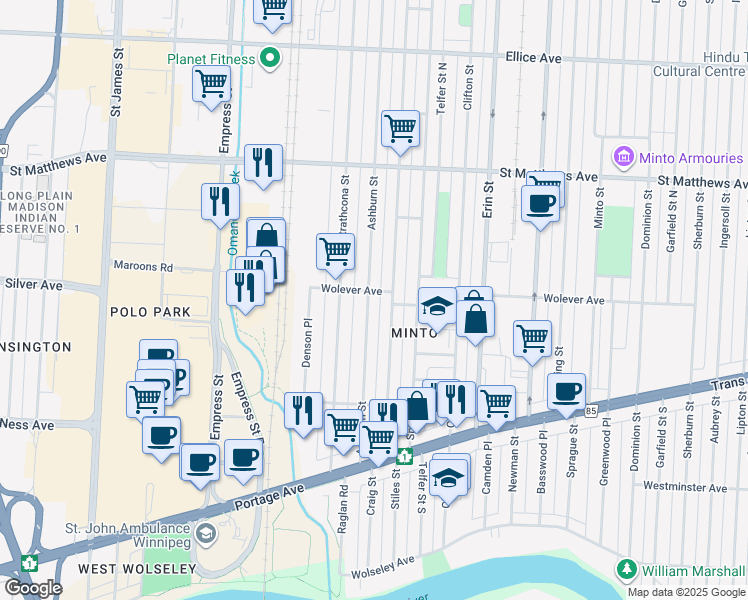 map of restaurants, bars, coffee shops, grocery stores, and more near 727 Ashburn Street in Winnipeg