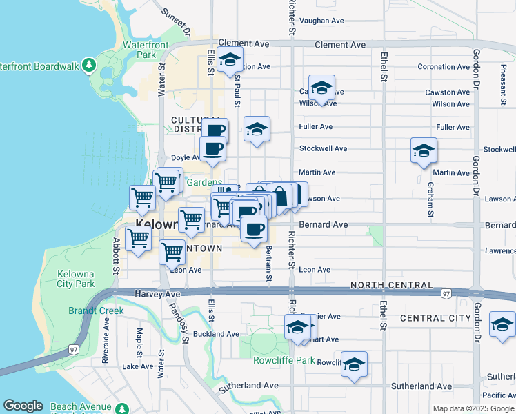 map of restaurants, bars, coffee shops, grocery stores, and more near 1475 Bertram Street in Kelowna