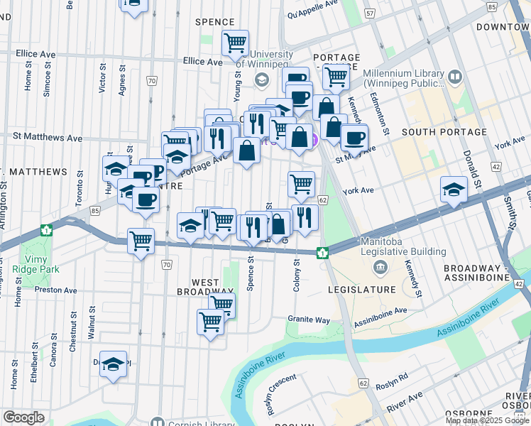 map of restaurants, bars, coffee shops, grocery stores, and more near 212 Balmoral Street in Winnipeg