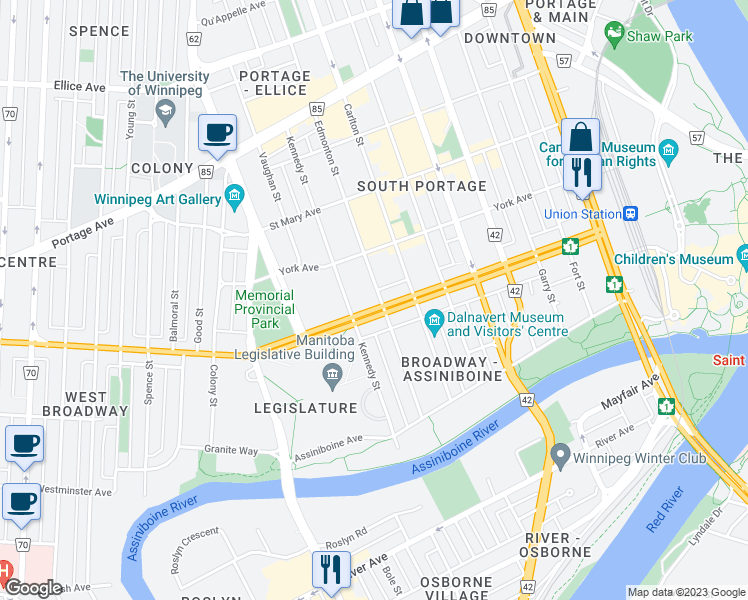 map of restaurants, bars, coffee shops, grocery stores, and more near 387 Broadway in Winnipeg