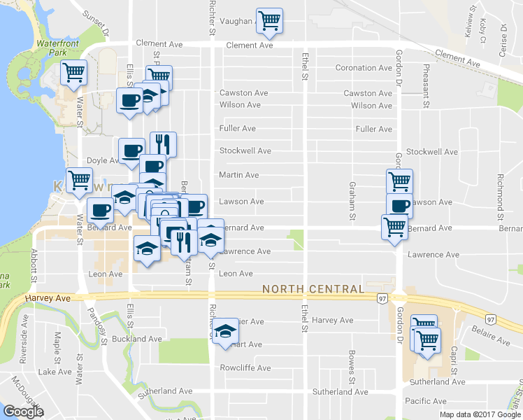 map of restaurants, bars, coffee shops, grocery stores, and more near 811 A Lawson Avenue in Kelowna