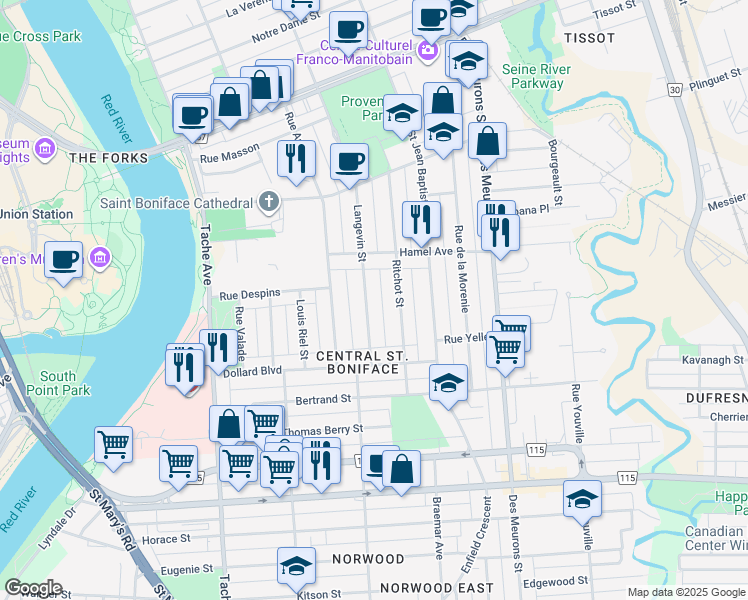 map of restaurants, bars, coffee shops, grocery stores, and more near 460 Langevin Street in Winnipeg