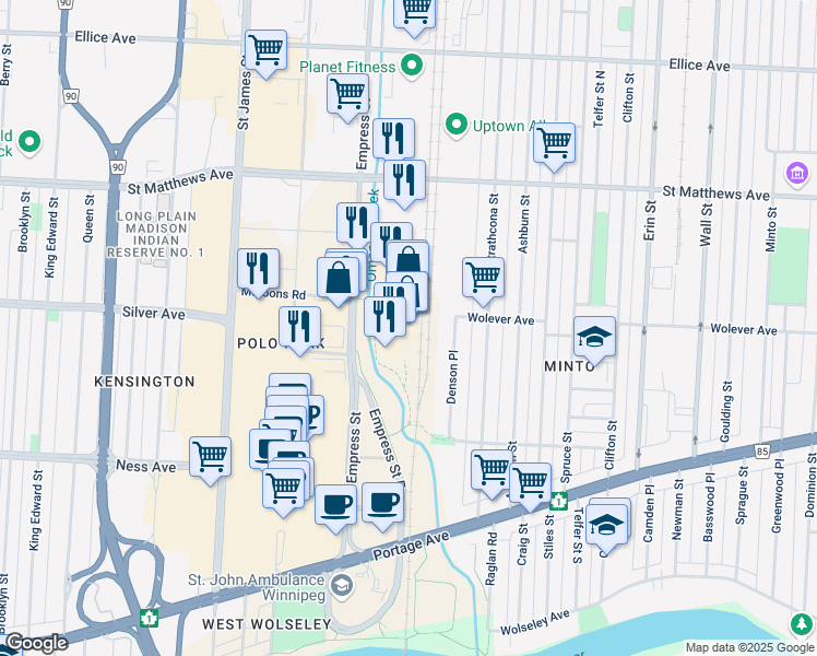 map of restaurants, bars, coffee shops, grocery stores, and more near 675 Empress Street in Winnipeg