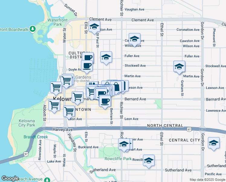 map of restaurants, bars, coffee shops, grocery stores, and more near 1475 Bertram Street in Kelowna