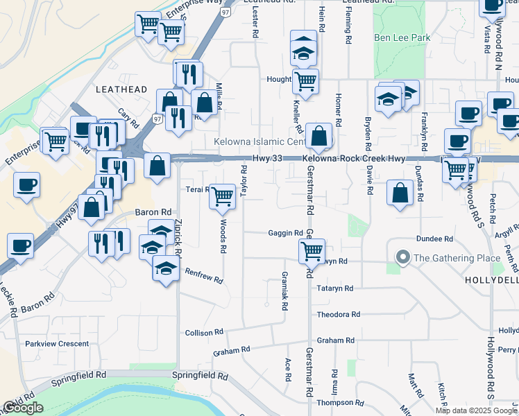 map of restaurants, bars, coffee shops, grocery stores, and more near 235 Taylor Road in Kelowna