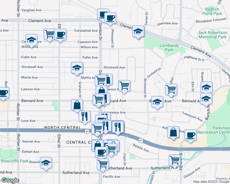 map of restaurants, bars, coffee shops, grocery stores, and more near 1161 Lawson Avenue in Kelowna
