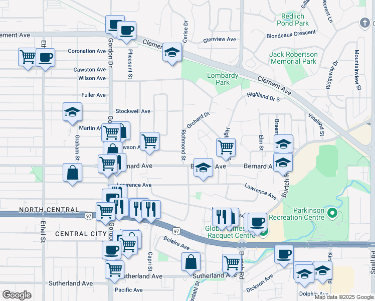 map of restaurants, bars, coffee shops, grocery stores, and more near 1461 Richmond Street in Kelowna