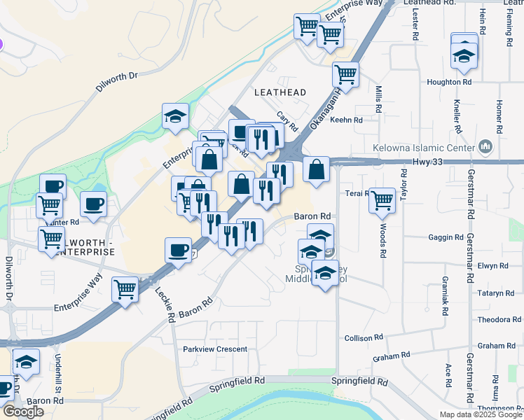 map of restaurants, bars, coffee shops, grocery stores, and more near 145-2463 Highway 97 North in Kelowna