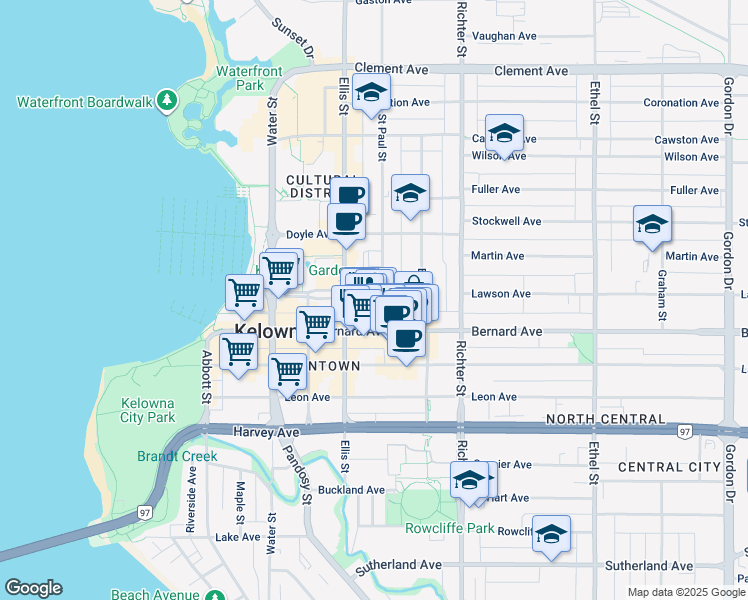 map of restaurants, bars, coffee shops, grocery stores, and more near 1461 Saint Paul Street in Kelowna